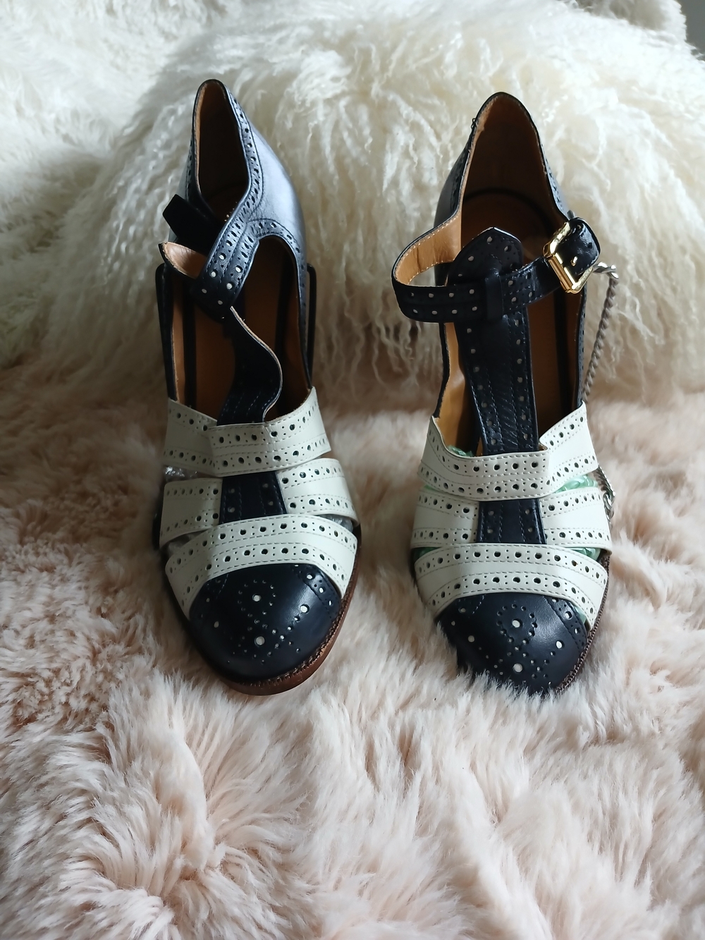 Women's Two-Tone Blue and White Perforated Mary Jane Heels.Ralph Lauren.